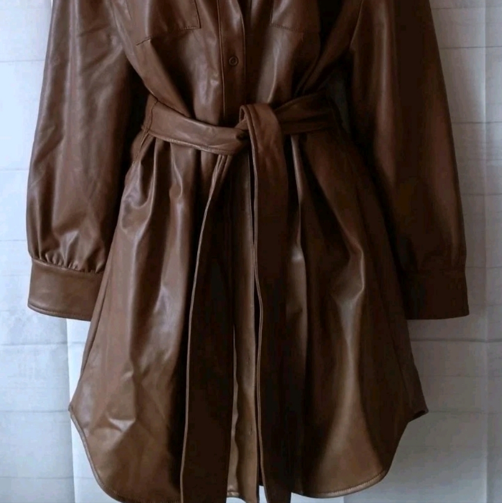 7 For All Mankind Brown Faux Leather Long Sleeve Shirt Dress with Belt - Picture 4 of 6
